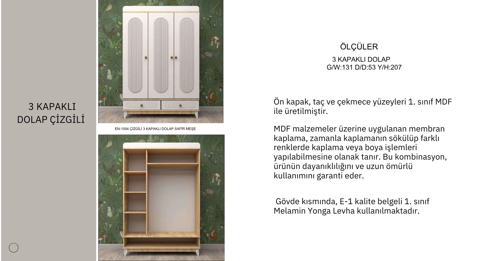 3 Kapaklı Çizgili Gardrop